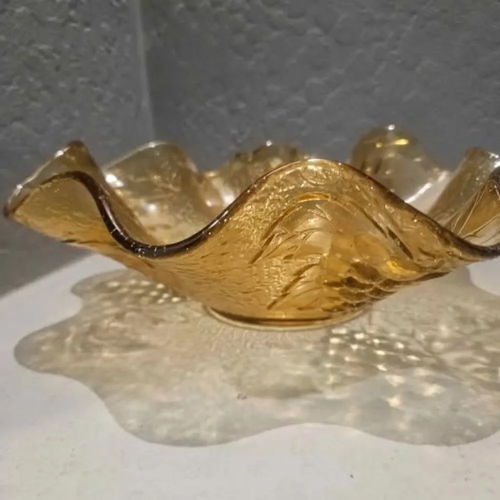 Vintage Depression Glass Amber Glass Grape Pattern Ruffled Bowl 10